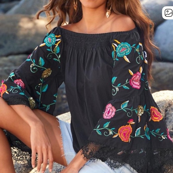 Anthropologie Ruby Yaya CottonTunic Embroidered Long Bell Sleeve Off ShoulderTop - Picture 2 of 9